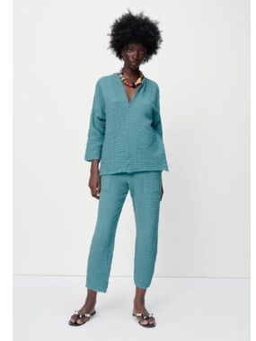 Zara Dusty Teal Textured Open-Front Top and Pants set